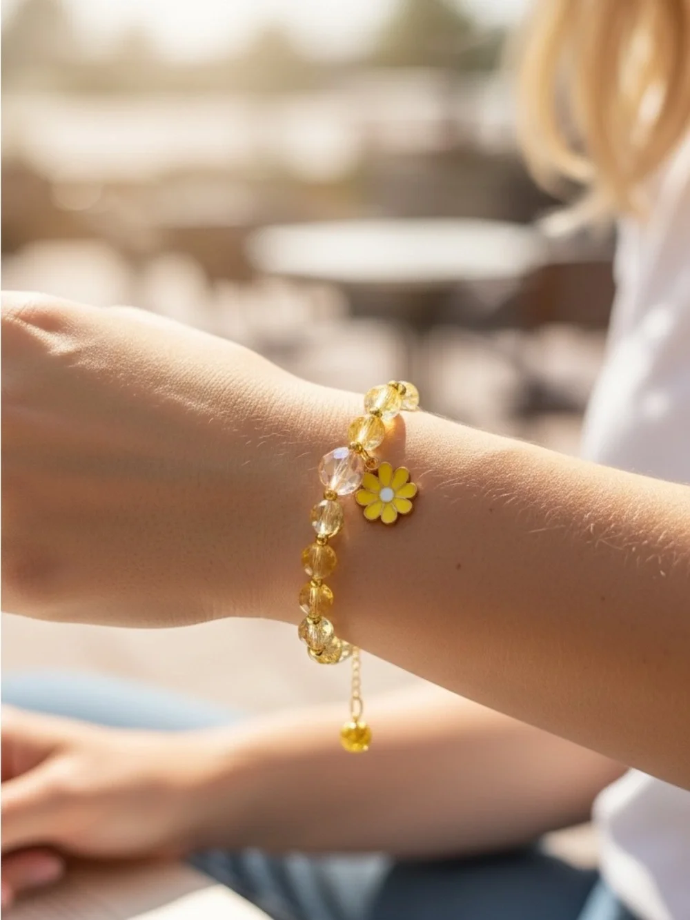 8/22 Yellow Beaded Daisy Charm Bracelet - Women Jewelry